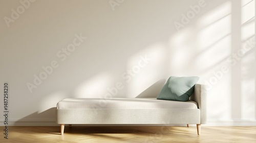 Modern living room with a white sofa in the center. the sofa has a light blue cushion on it and is placed against a plain white wall. the floor is made of light-colored wood planks.
