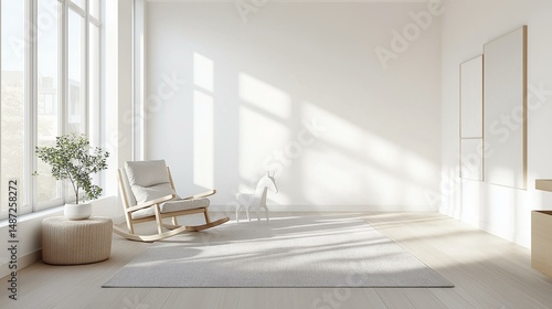 Modern and minimalist living room with a large window on the left side. the room has white walls and wooden flooring.