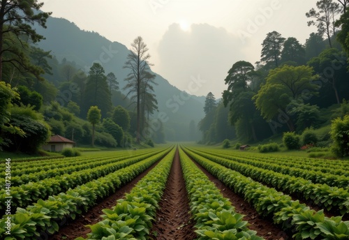 a dying rainforest replaced by endless rows of monoculture crops under pesticide fog.