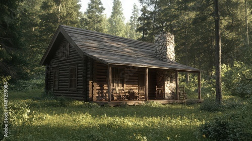 Rustic Log Cabin in a Sunlit Forest