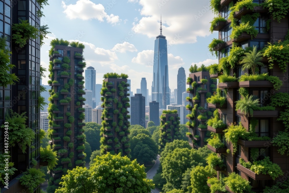 Fototapeta premium a futuristic city skyline with buildings wrapped in vertical gardens and green terraces.