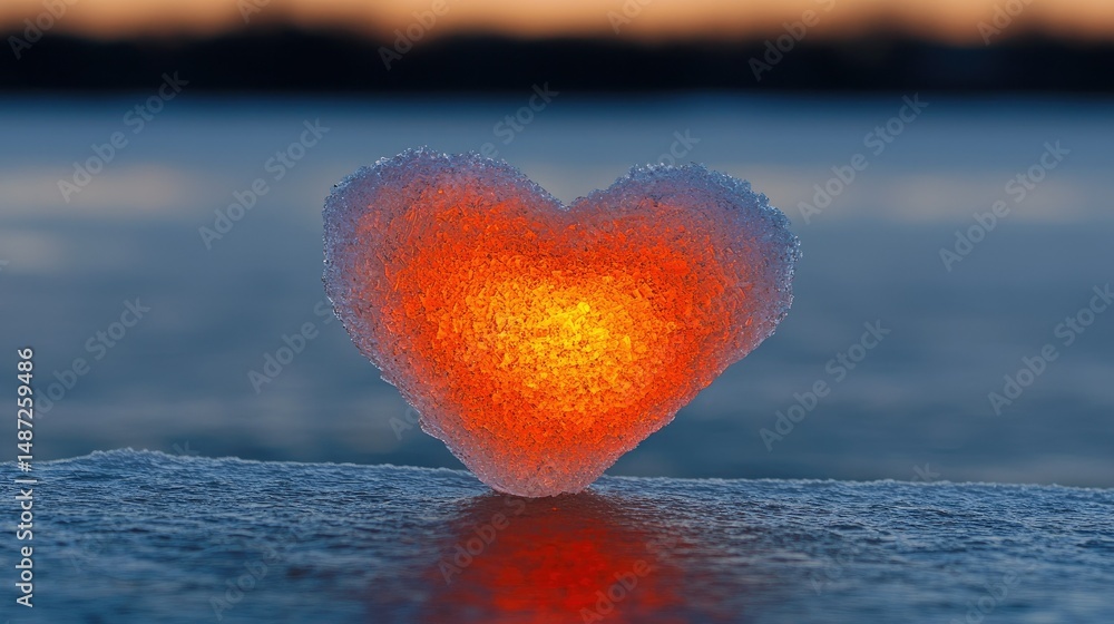 Fototapeta premium A glowing heart shape formed of ice and resting peacefully