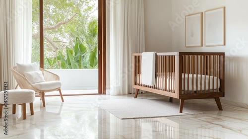 Modern and luxurious nursery room with a large window on the left side. the window has white curtains that let in natural light and offers a view of the greenery outside.