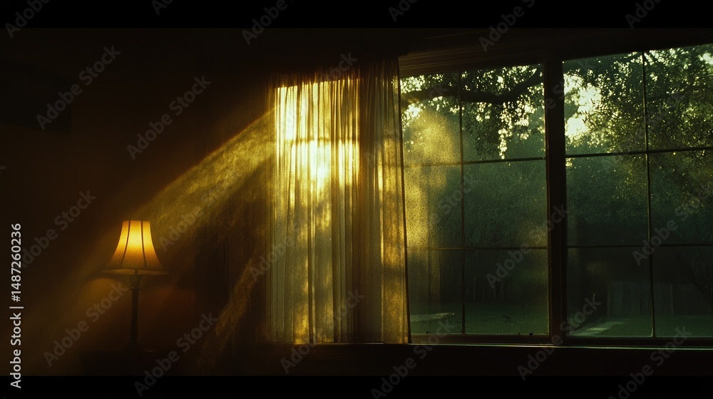 Obraz premium Sunlight streaming through a window and over a lamp in the room