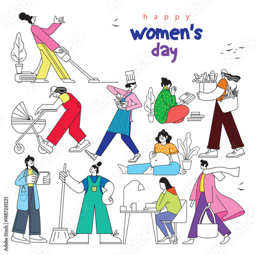 Happy Womens day concept vector Illustration. Womens day set with isolated human characters of Womens line art icon vector set. Flat vector cartoon characters isolated on white background.