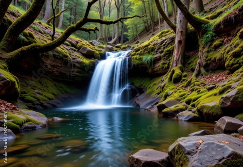 a serene waterfall cascading into a pool surrounded by moss covered rocks and ancient trees.