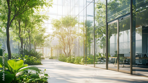 Sunlight illuminating modern courtyard with glass walls and green trees high resolution picture