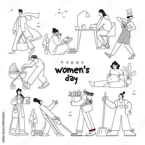 Happy Womens day concept vector Illustration. Womens day set with isolated human characters of Womens line art icon vector set. Flat vector cartoon characters isolated on white background.