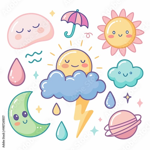 Cute kawaii weather and space themed set