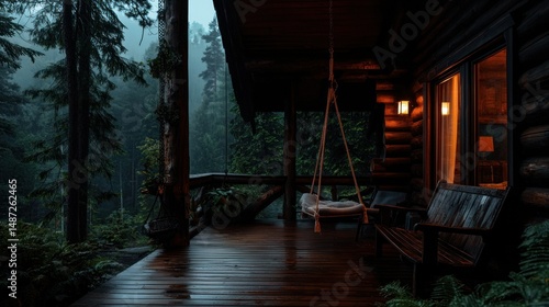 A cozy cabin porch in a forest during a rainy day