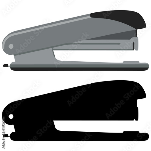 Vector illustration of a paper stapler shown in side view with both detailed and silhouette styles, perfect for office, stationery, and business-themed designs.