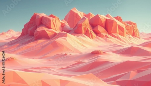 Abstract polygonal desert landscape, peach color, geometric mountains