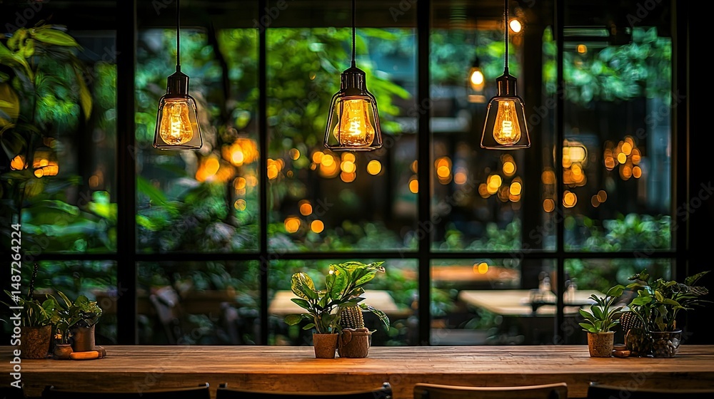 Fototapeta premium Interior design showcases hanging lamps and greenery with warm lighting