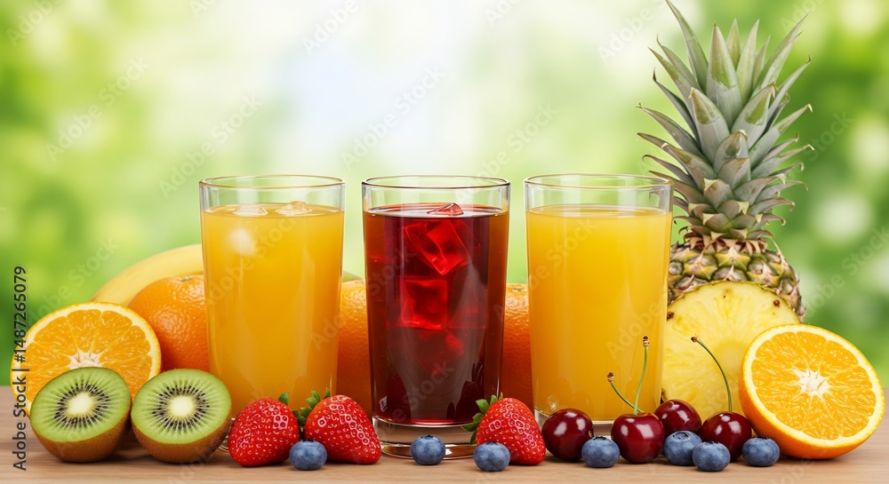 Tropical summer refreshment: Two glasses of vibrant fruit juice with a straw, surrounded by oranges, kiwi, apples, grapes, berries, and cherries. Refreshing summer drinks Tropical summer refreshment: Two glasses of vibrant fruit juice with a straw, surrounded by oranges, kiwi, apples, grapes, berries, and cherries. Refreshing summer drinks