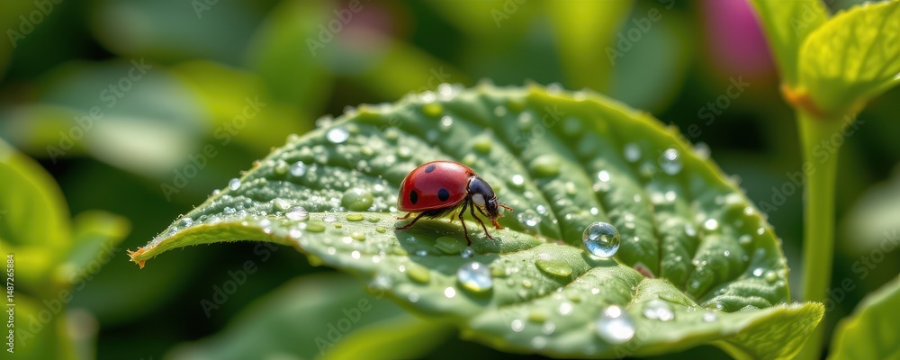 a ladybug crawling on a leaf covered in morning dew in a lush garden setting. a ladybug crawling on a leaf covered in morning dew in a lush garden setting.