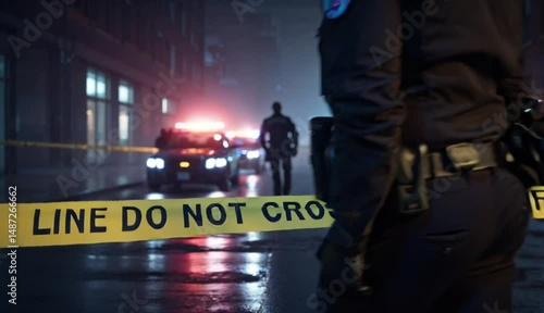 Crime Scene: Police officer stands watch, the illuminated scene of a crime unfolds, marked by caution tape and flashing lights