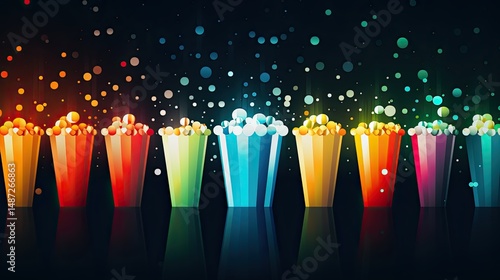Colorful Popcorn Party Celebration: Vibrant Cinema Night Snack Fest with Bright Festive Textures and Cheerful Digital Visuals