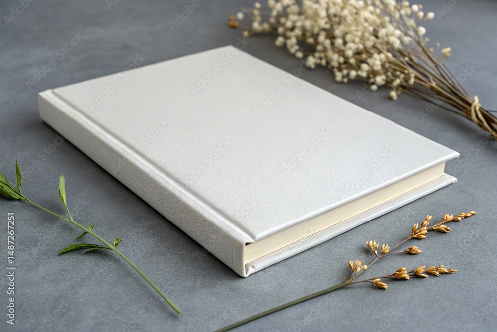 Fototapeta premium White hardcover book with floral decoration on a gray background