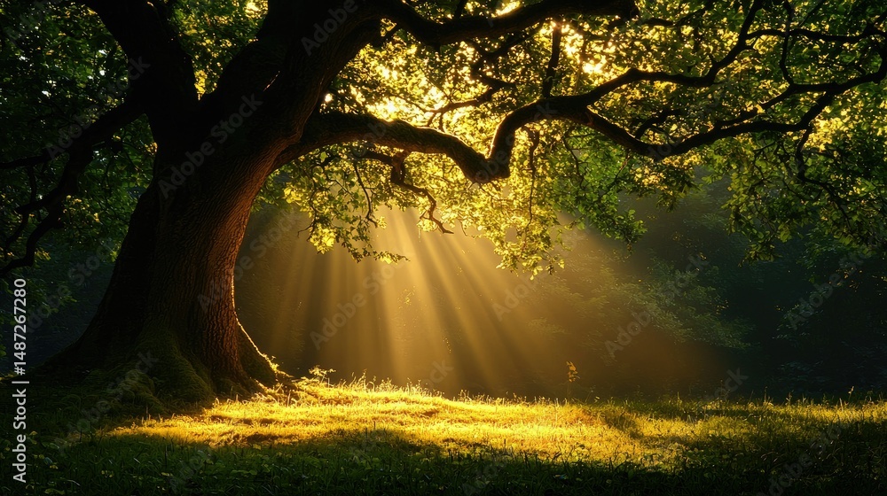 Obraz premium Golden Sunlight Illuminates a Majestic Tree in a Lush Green Forest