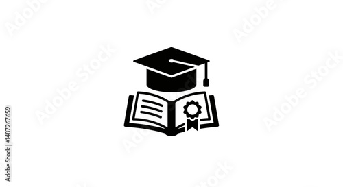 Graduation cap and open book with diploma on a white background  