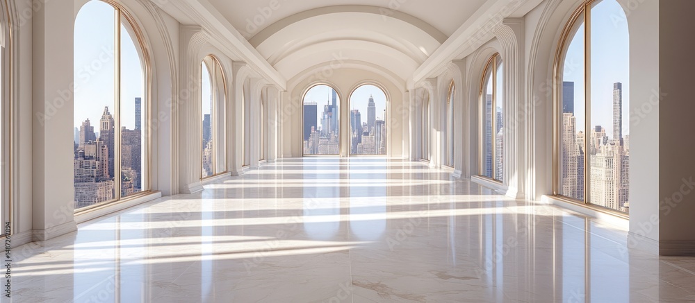 Fototapeta premium Sunlit Luxury Apartment with City Skyline View