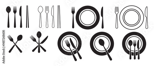 Fork, knife, spoon, chopsticks, plate icons, restaurant symbols, food app icon, tableware set, dinner service