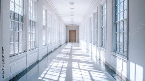 Wallpaper Mural Sunlit Corridor: A Serene White Hallway with Multiple Windows Torontodigital.ca