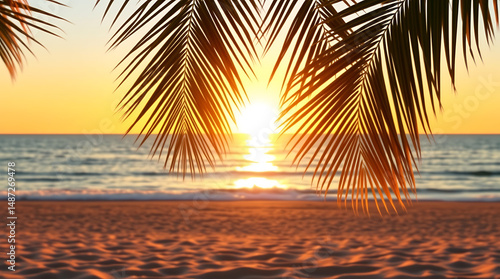 Wallpaper Mural Sunlit tropical beach with gentle ocean waves, shaded by overhanging coconut tree leaves creating a peaceful and warm seaside atmosphere. Torontodigital.ca