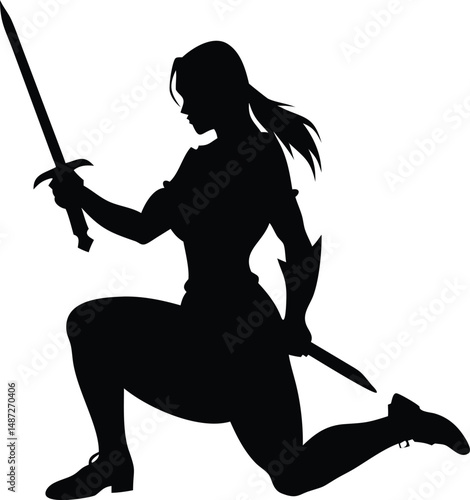 Silhouette shows woman kneeling with sword drawn and a dagger by her side