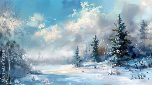 Winter Landscape Snowy Forest Scene Under Blue Sky with Clouds and Sunlight
