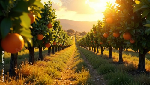 Vibrant orange groves bathed in golden sunlight, Andalusian countryside , trees, sky, orange grove