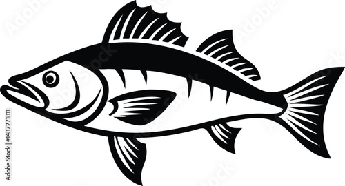 Single black fish silhouette shows simple fins and face details against white