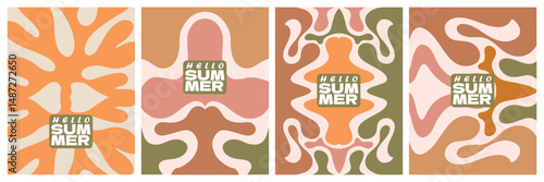 Happy summer day greeting cards set plants, leaves, flowers art. Abstract shape style template poster, banner, covers, ads, branding, labels, background