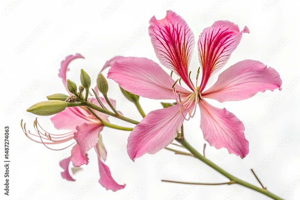 Fototapeta premium A closeup of a beautiful pink lily blossom, its delicate petals isolated against a white background, captures the floral beauty of spring nature