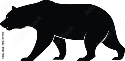 Strong black bear silhouette walks confidently forward against a stark white background easily