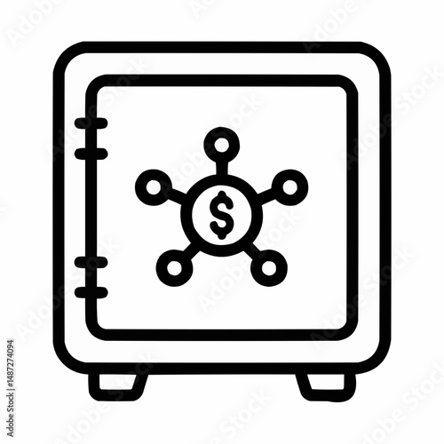Thin-lined vault with a blockchain node diagram inside — symbolizing decentralized staking.