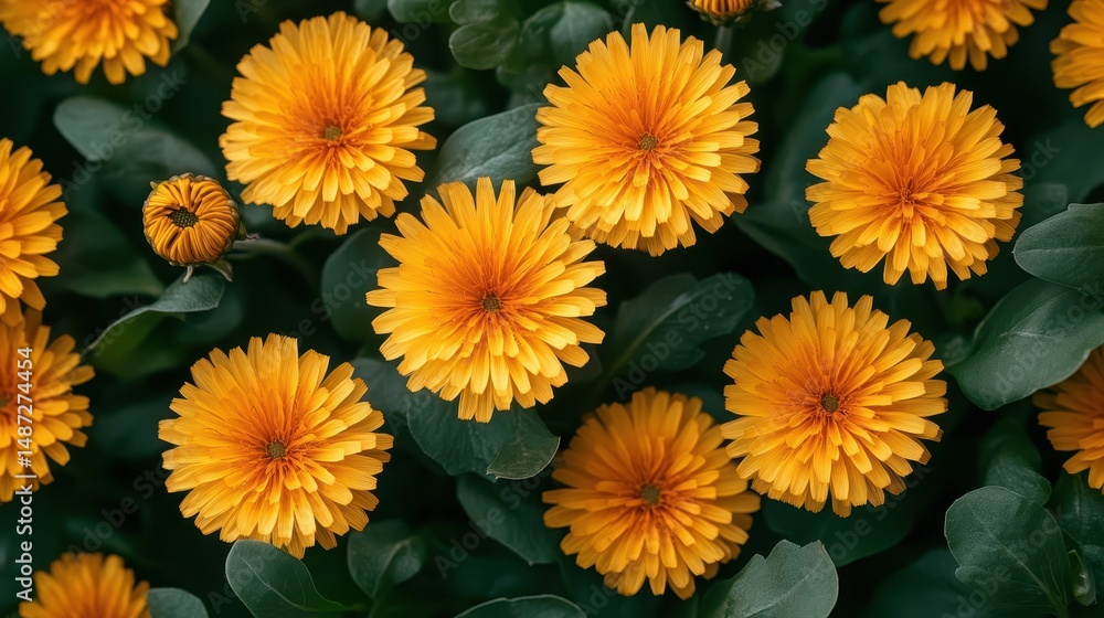 Fototapeta premium Orange flowers, green leaves, garden, overhead view, nature background, floral design