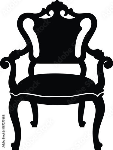The detailed black silhouette portrays an ornate antique armchair against a stark white backdrop