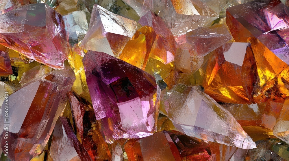 Vibrant, multifaceted crystals in orange, pink, and yellow hues Vibrant, multifaceted crystals in orange, pink, and yellow hues