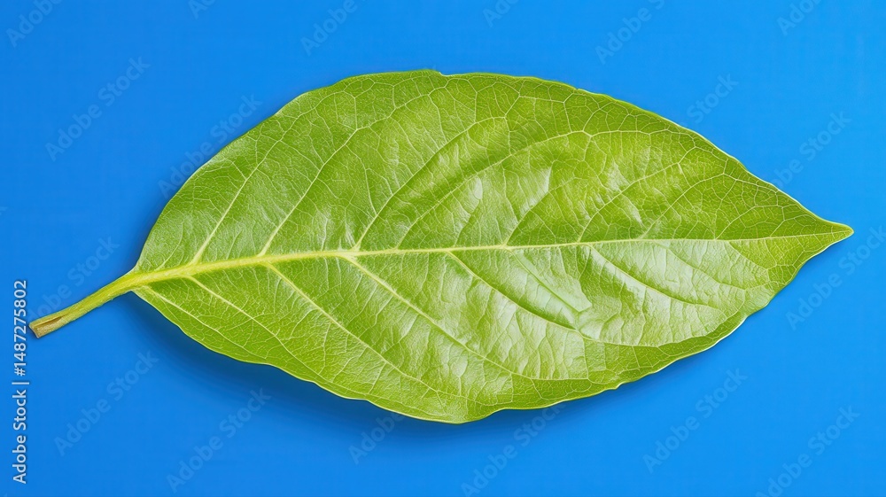 Obraz premium Single Green Leaf on Blue Background Minimalist Design