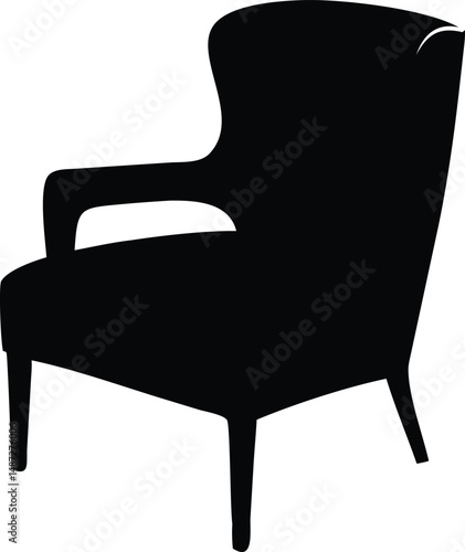 The isolated black silhouette shows a classic wingback chair with solid geometric elegance
