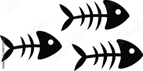 Three simple black fishbones arranged randomly are featured against the white background on display here