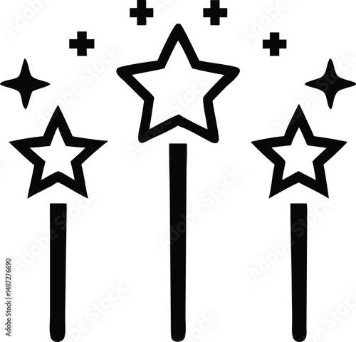 Three black star wands cast magic spells with crosses in monochrome art