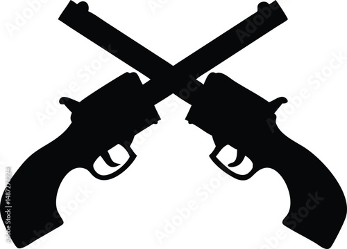 Two vintage black revolvers are crossed in striking silhouette on a bright white background