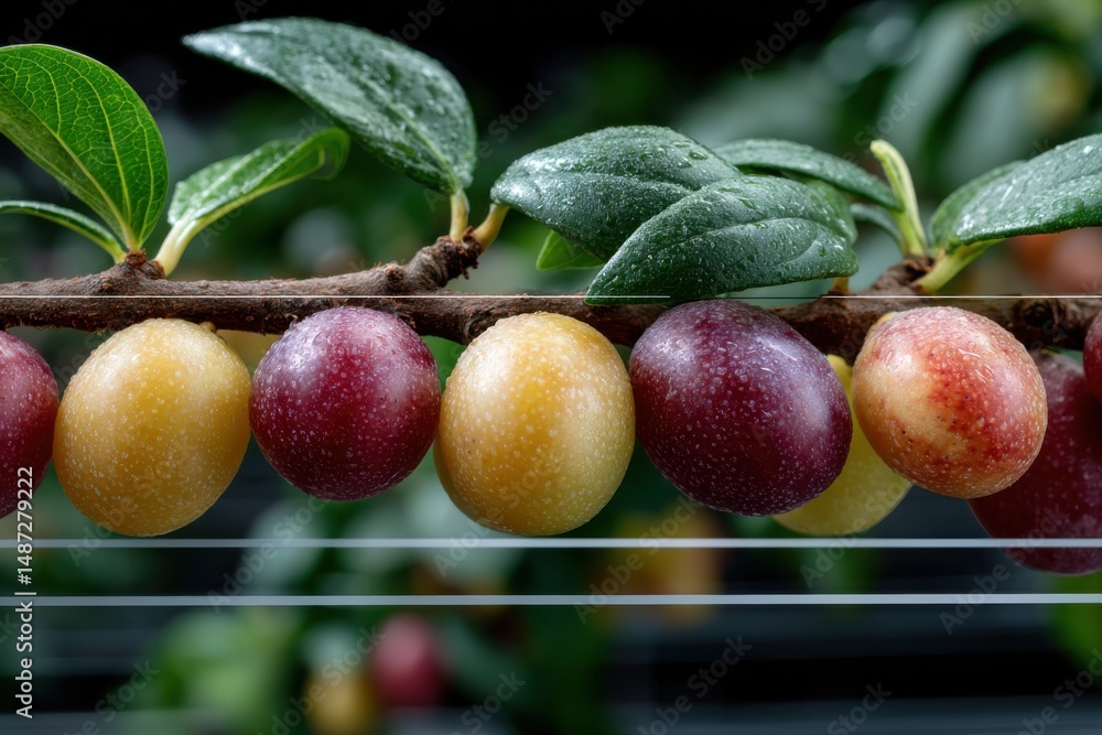 Obraz premium A close-up of plums in various shades on a tree branch, emphasizing nature's vibrancy and the pure aesthetic pleasure derived from fresh fruit and lush foliage.