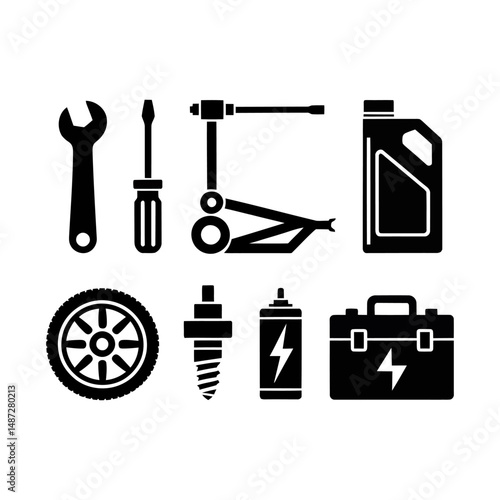  8 creatively designed black car repair tool icons on a pure white background. Include: torque wrench, pliers, brake disc, funnel, diagnostic scanner, tire pressure gauge, jumper cables, and wheel nut
