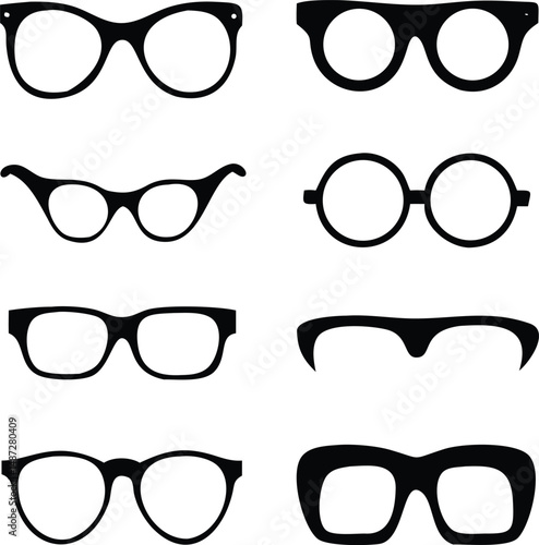 Variety of black eyeglass frames showcases various style and shape combinations on a white backdrop
