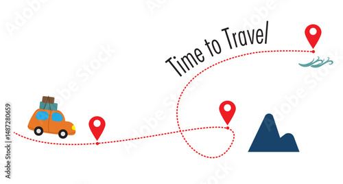 Time to Travel Illustration. Car, routes, destination tag. Mountains and beaches