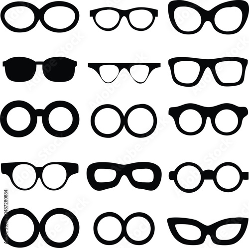 Various eyeglass styles are elegantly presented in a matrix of black silhouettes on white