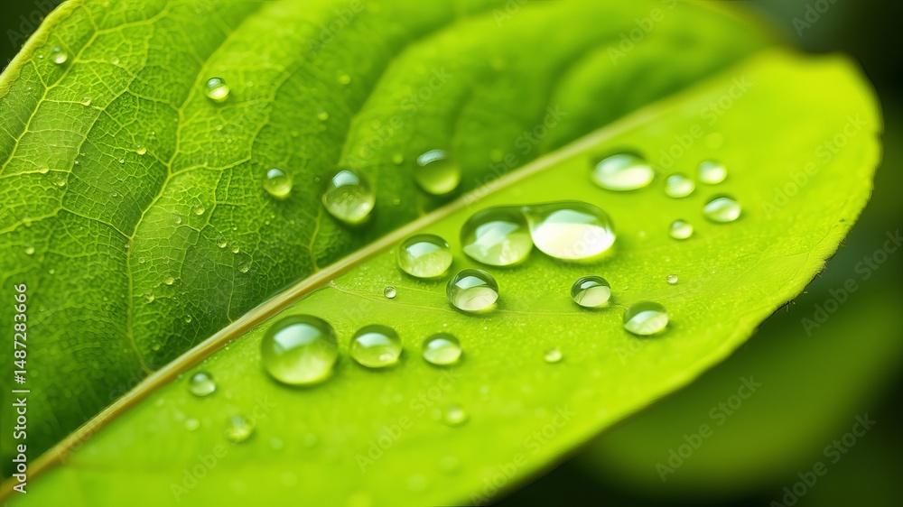 Close-up macro photograph showcasing vibrant green leaf glistening with numerous water droplets reflecting light beautifully. Close-up macro photograph showcasing vibrant green leaf glistening with numerous water droplets reflecting light beautifully.